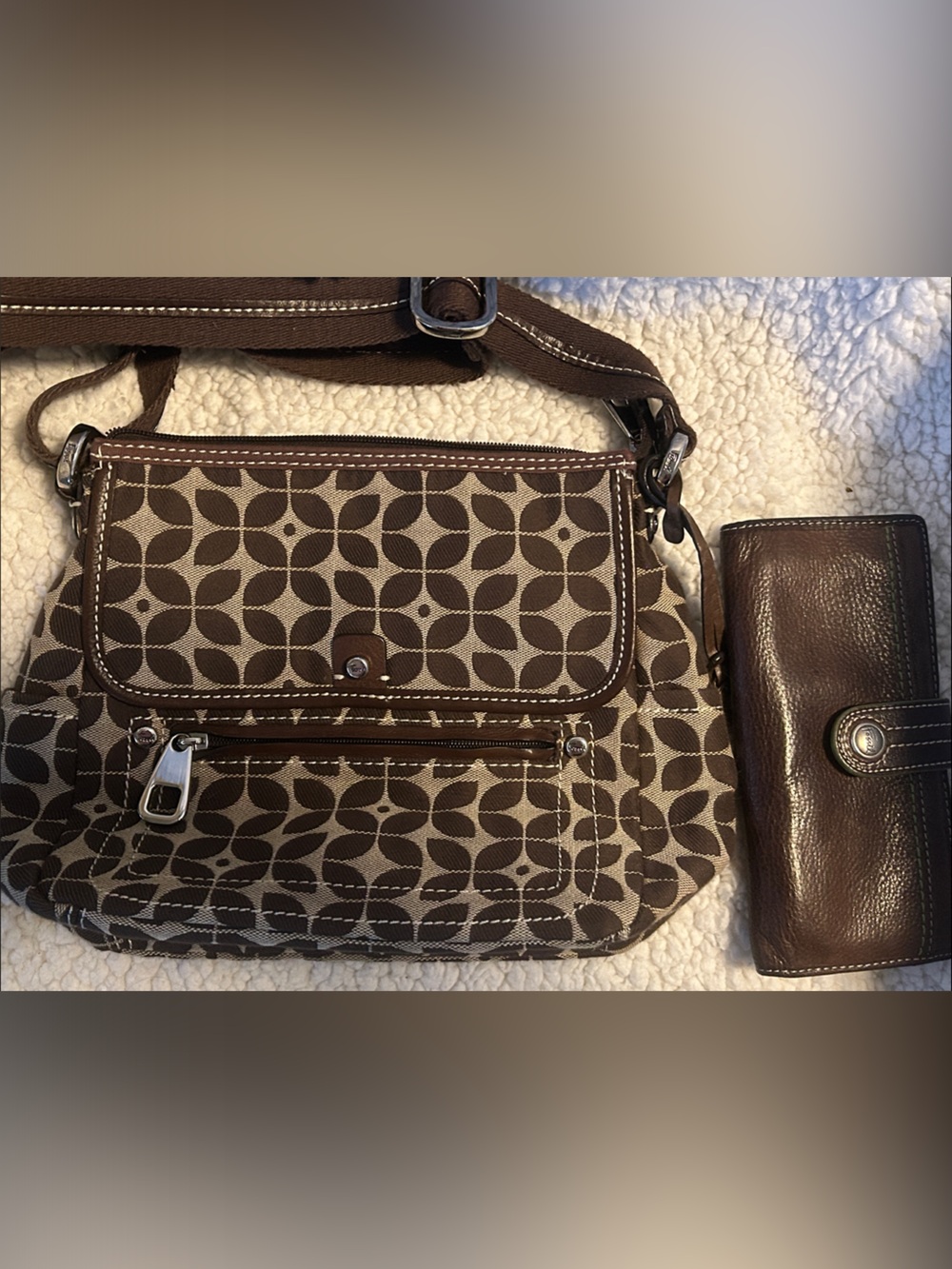 Fossil Brown and Cream Patterned Crossbody Bag